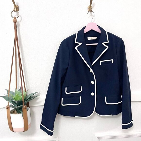 Tory Burch Contrast Trim Blazer Preppy Navy Blue Size 6 - Picture 2 of 5